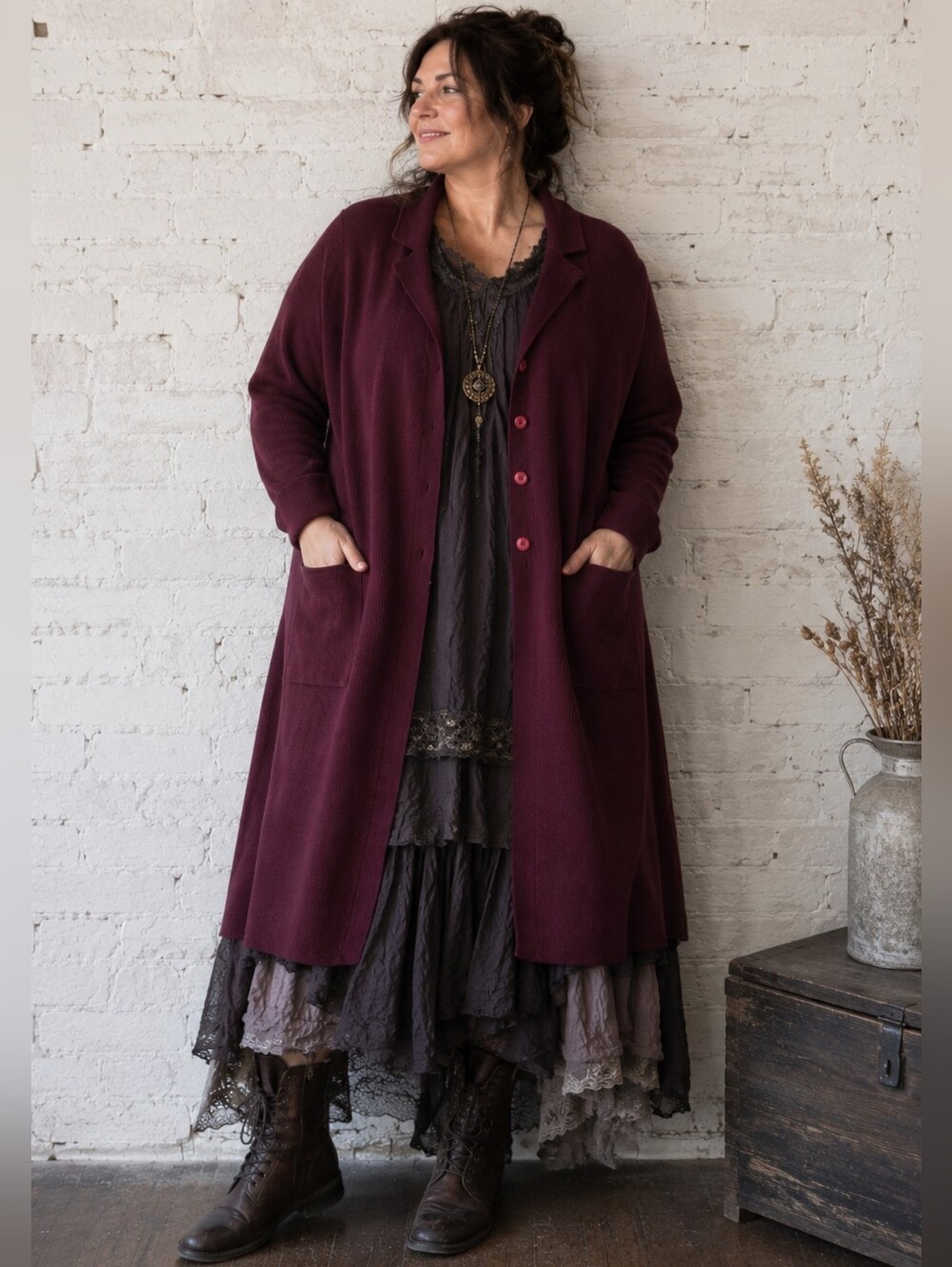 Cotton Ginny Plus Burgundy Knit Long Duster Cardigan Coat Lagenlook 1X - Picture 1 of 14